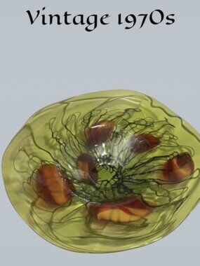 Vintage 1970s Green and Orange Murano Style Hat Bowl 19 Inches
